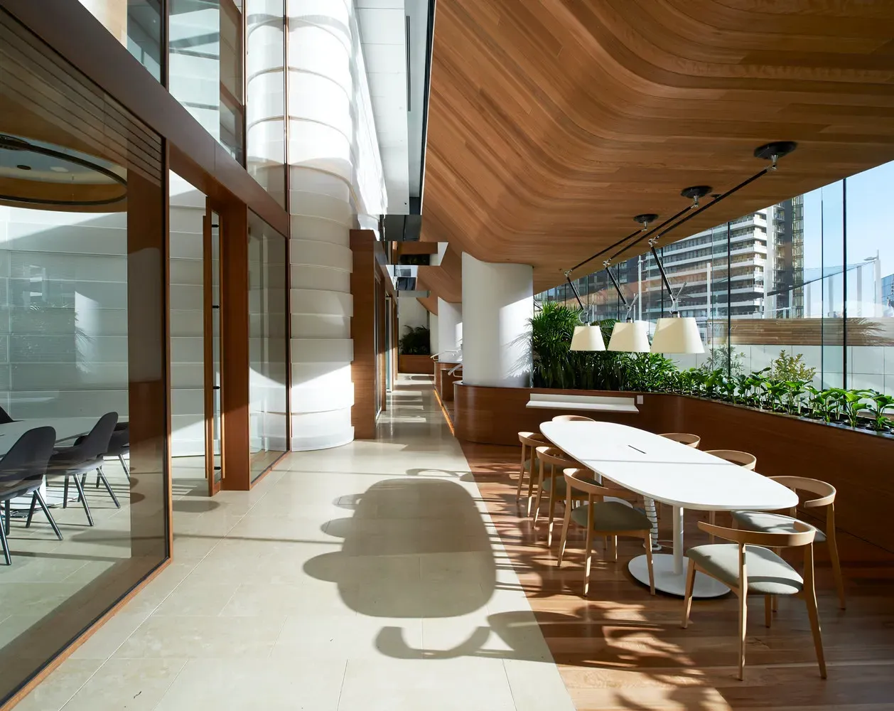 A planted corridor inside a commercial office