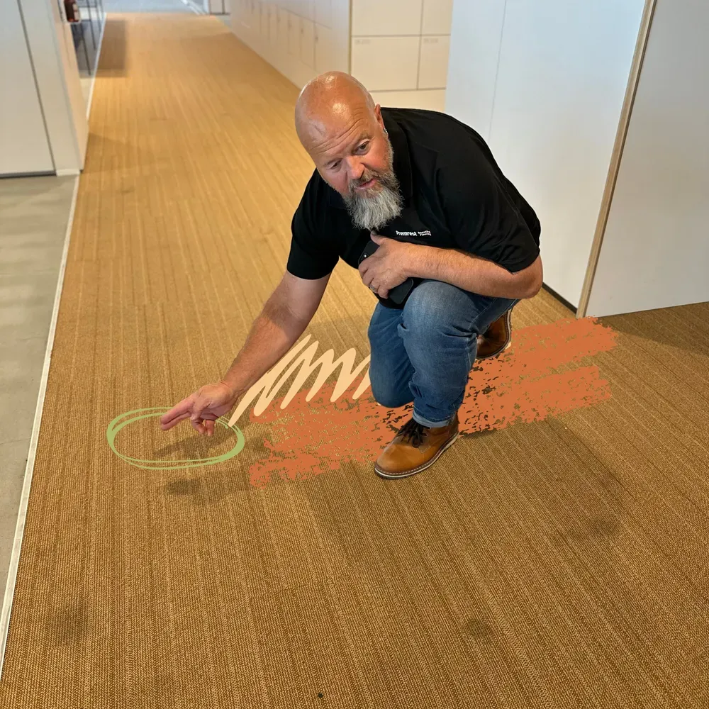 A Premrest specialist inspecting commercial carpet
